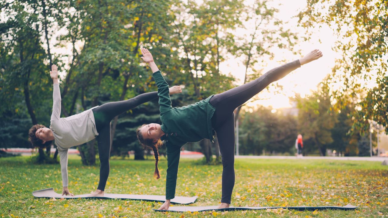 Mastering the First Impression: Your intriguing post title goes here Two people practicing yoga on mats in a sunny park.