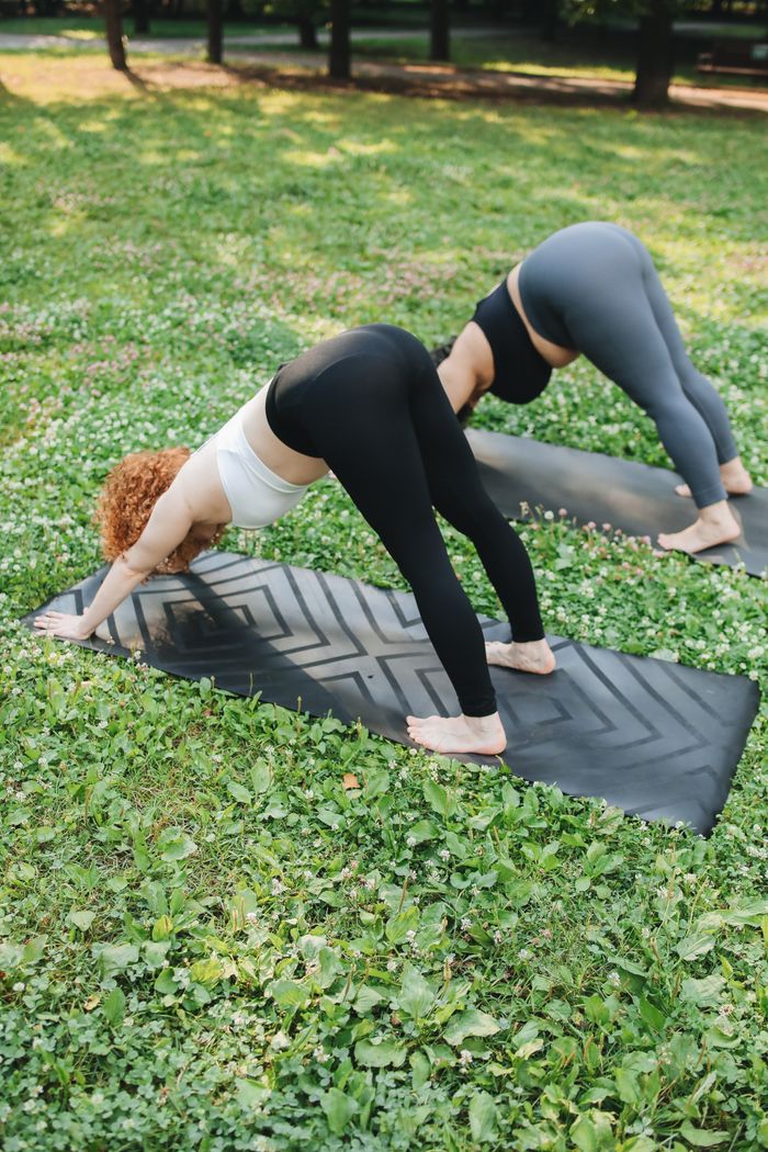 Two women doing the downward facing dog yoga pose on mats in a sunny park.